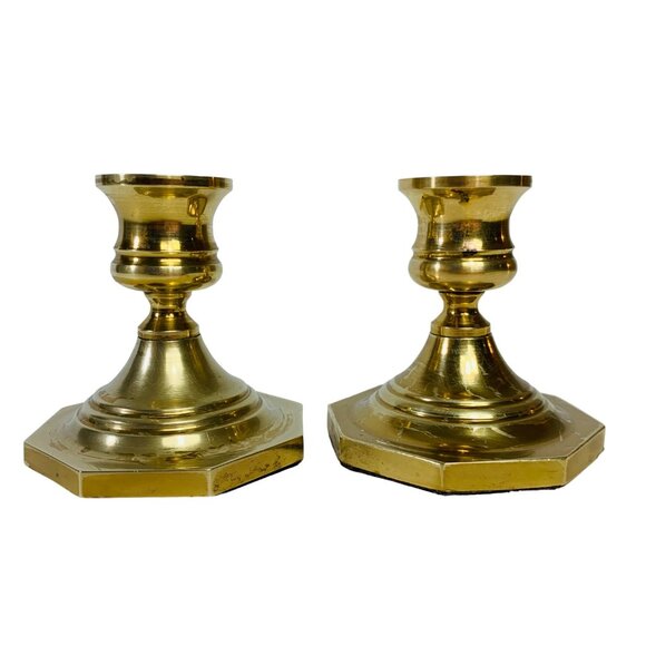 Solid Brass Short Candlestick Candle Holder Set of 2 Octagon Base VTG Party Home - Picture 5 of 12